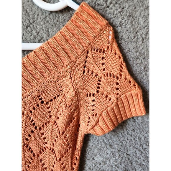 Vtg Y2K Cache Short Sleeve V Neck Open Knit Long Sweater Top Orange Metallic XS - Picture 3 of 12